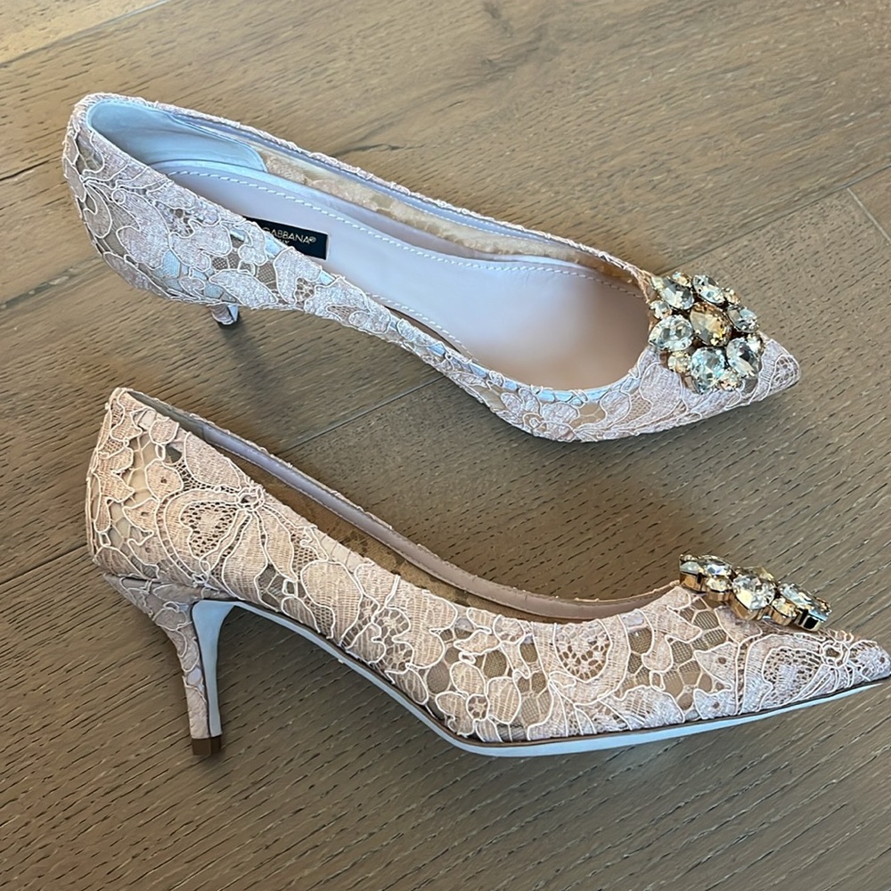 Dolce & Gabbana Bellucci  Beige Lace Heels with Crystal Embellishments - Picture 3 of 17